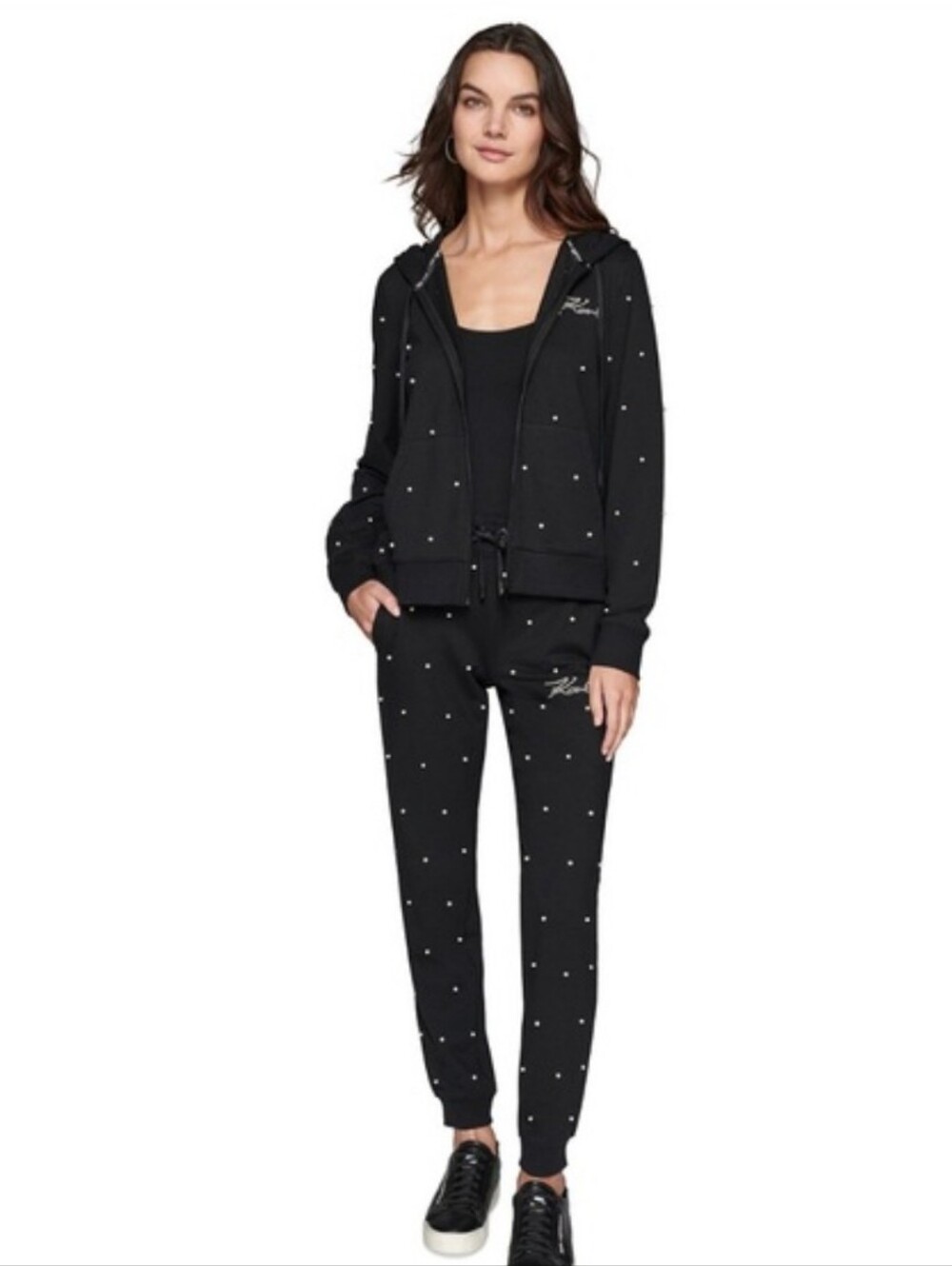 Karl Lagerfeld Black Pearl-Studded Jogger Set With Hoodie And Sweatpants. Medium